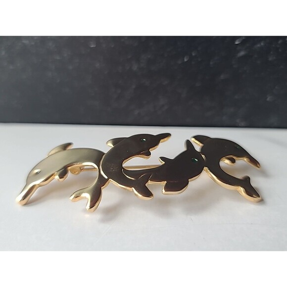 Gold Tone Metal Green Enamel Eyed Dolphins Jumping Shaped Brooch - Picture 3 of 10